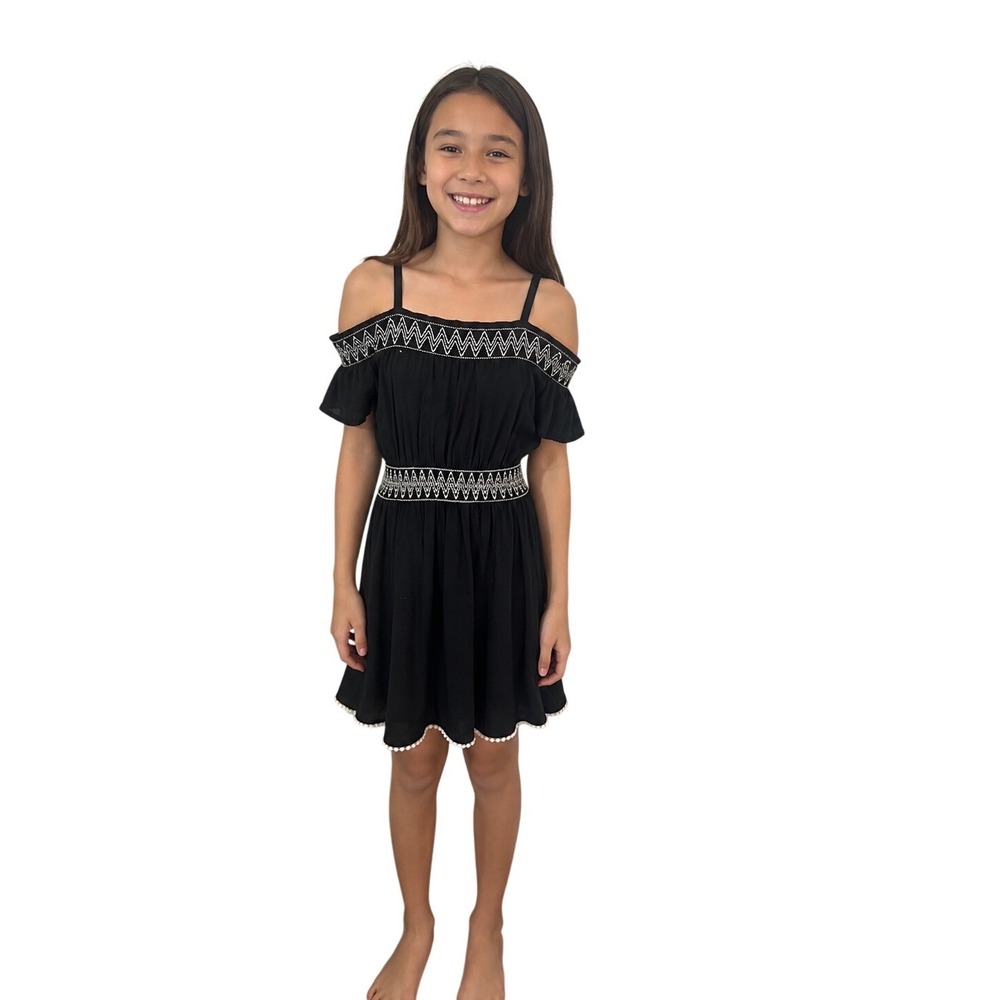 Kidpik Girls Black Cold Shoulder Embroidered Boho Dress Size S 7/8 Pom Pom Trim